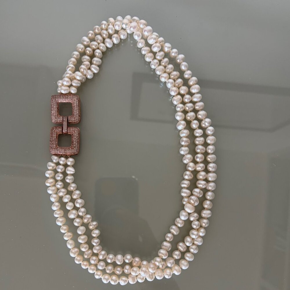 Triple Strand Freshwater Pearl Necklace 925 Sterling CZ Clasp Statement